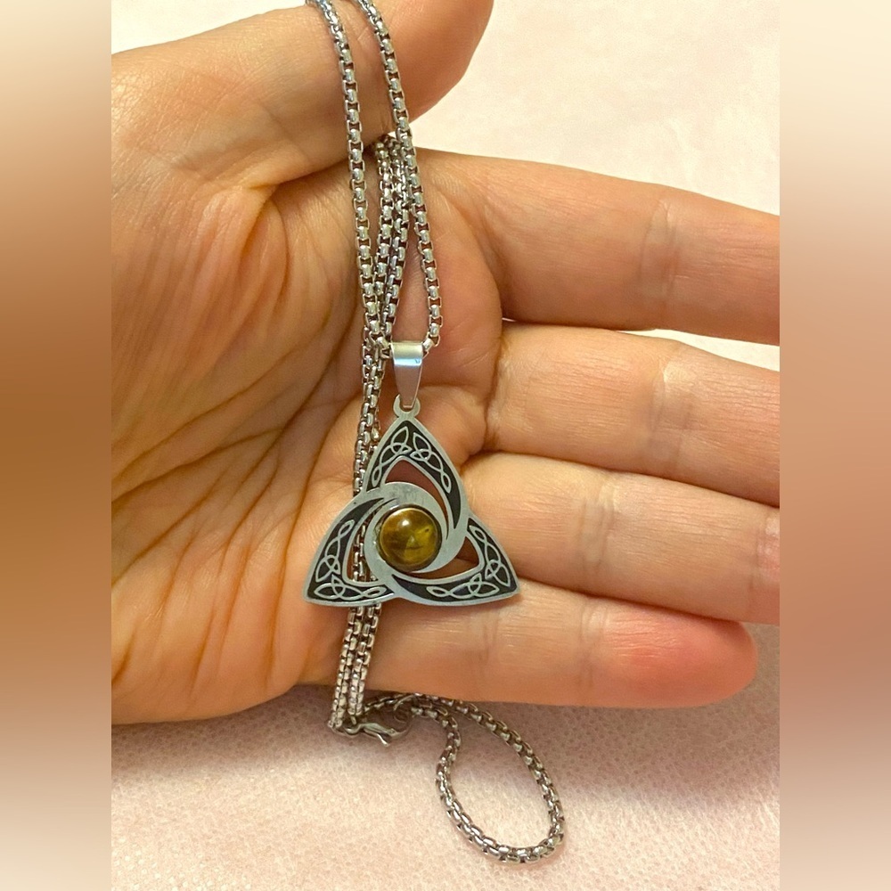 Silver Celtic Knot Pendant Necklace with Tiger Eye ball. Stainless Steel